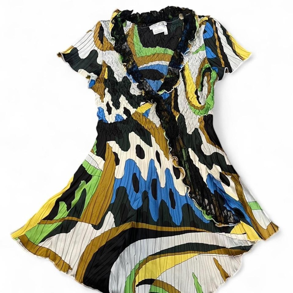 Alberto Makali abstract multicolored mini dress with ruffles and lace details